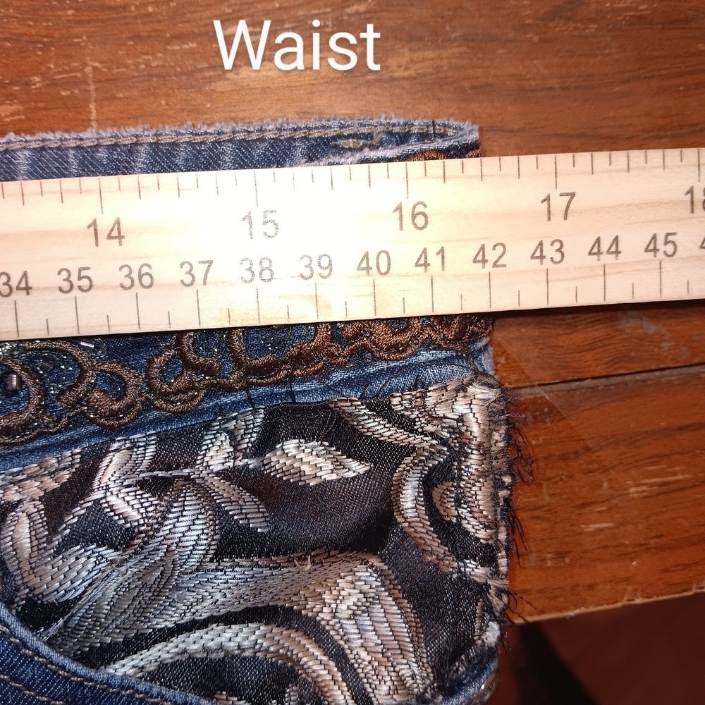 Upcycled Low Rise Wide Leg Bell Bottom Jeans Hippie Boho Floral 32 x 33​​​ - Picture 12 of 14